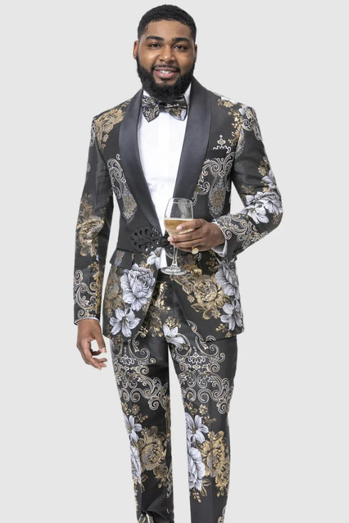 Mens 80s Prom Suit Perfect Outfit - Mens Slim Fit Two Piece Black & Gold Paisley Prom Smoking Black Tuxedo Jacket